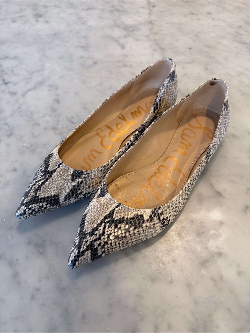 Sam Edelman Snake-Print Pointed Toe Flats in Black and White